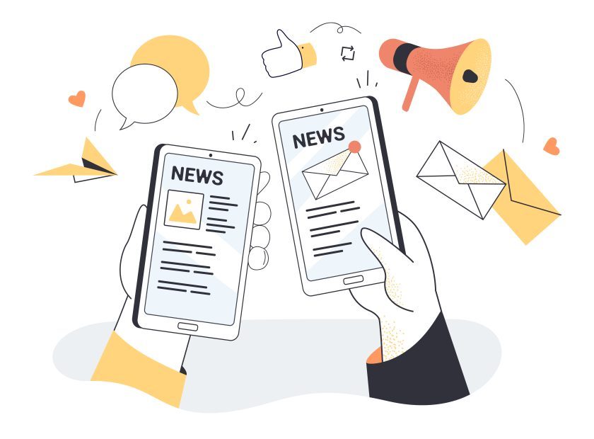 Hand holding smartphones with online newspaper, newsletter